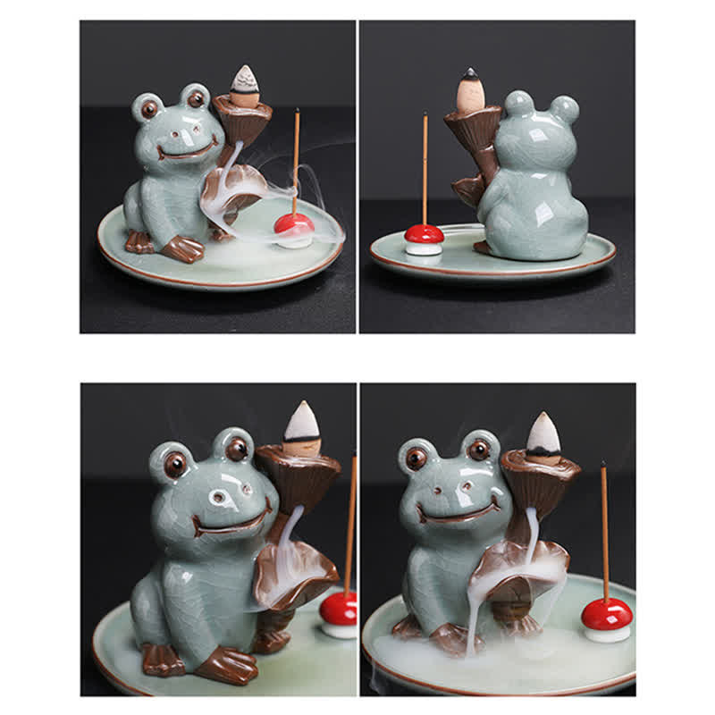 Meditation Frog Ceramic Lotus Incense Burner - 4-panel grid front rear close-up side views, Comprehensive