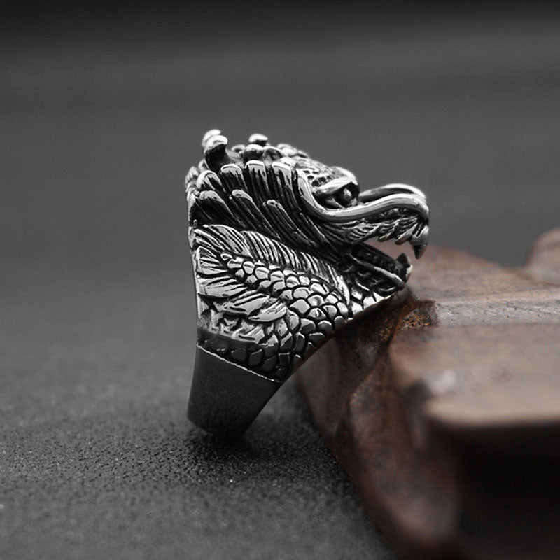 Dragon Balance Titanium Steel Ring – side profile showing carved mane and scales, dark stone, bold