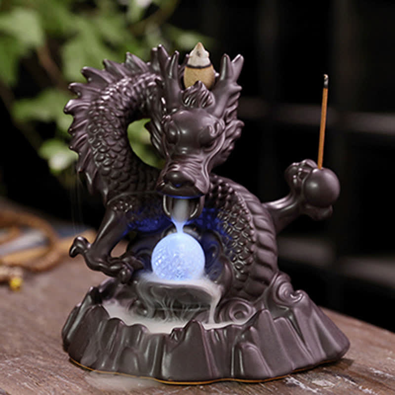 Dragon Incense Burner – Blue LED orb glowing through crackle glass, mystical
