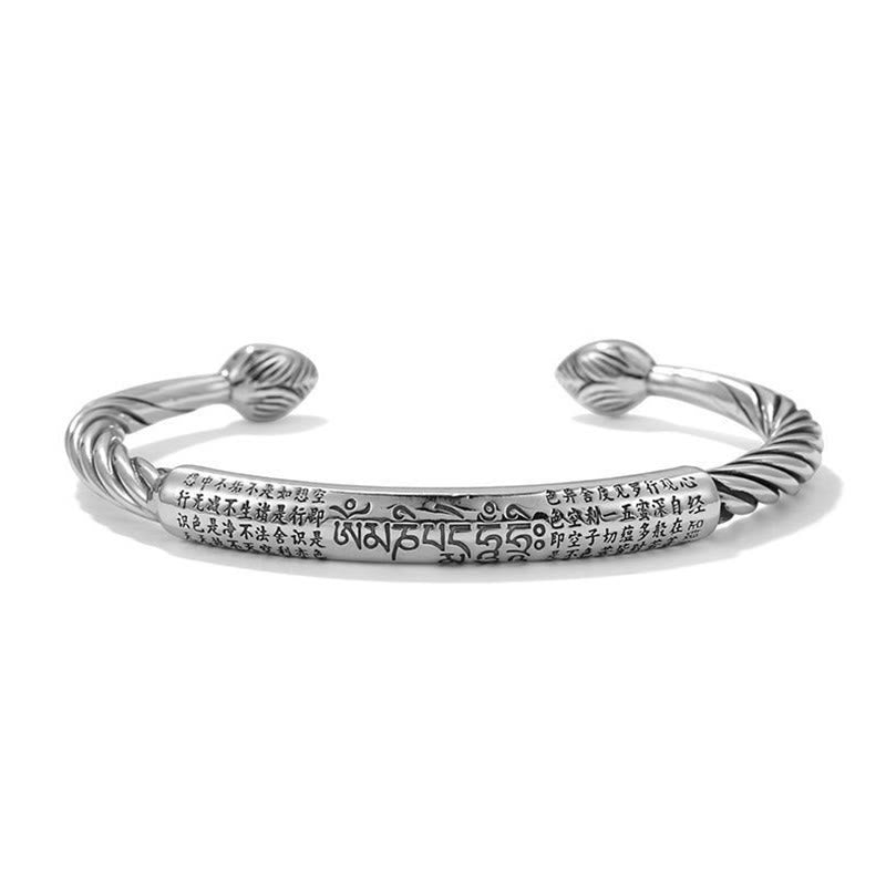 Tibetan Heart Sutra Cuff Bracelet – full front view on white, Tibetan Om Mani Padme Hum and lotus finials