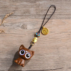 Green Sandalwood Key Chain – close-up lucky cat face, koi fish pendant, wooden charm