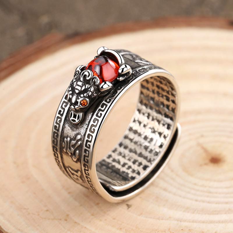 Red Agate PiXiu Wealth Ring – oxidized silver PiXiu ring with dark finish and red gem, vintage Feng Shui ring
