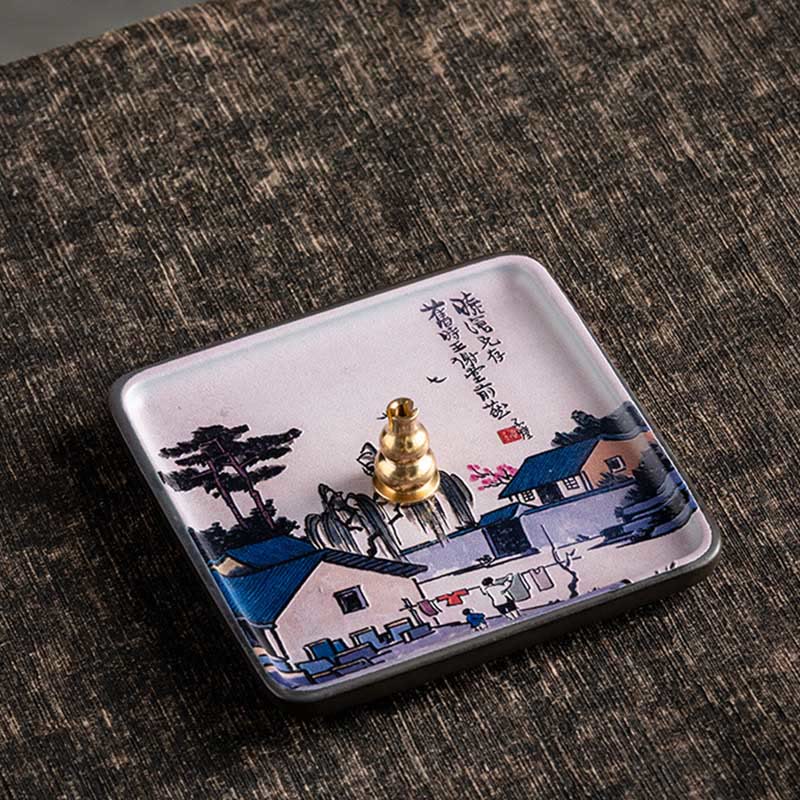 Village Scene Incense Plate – Blue-roofed houses with pine trees and calligraphy, brass gourd holder