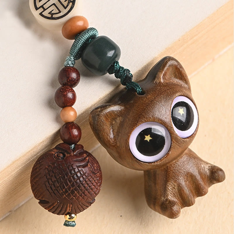 Green Sandalwood Key Chain – twisted rope section, lucky cat bead, koi fish pendant