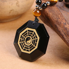 Black Obsidian Tiger Eye Bagua Yin Yang Pendant - Gold bagua trigram engraving on black obsidian octagonal pendant, taoist am