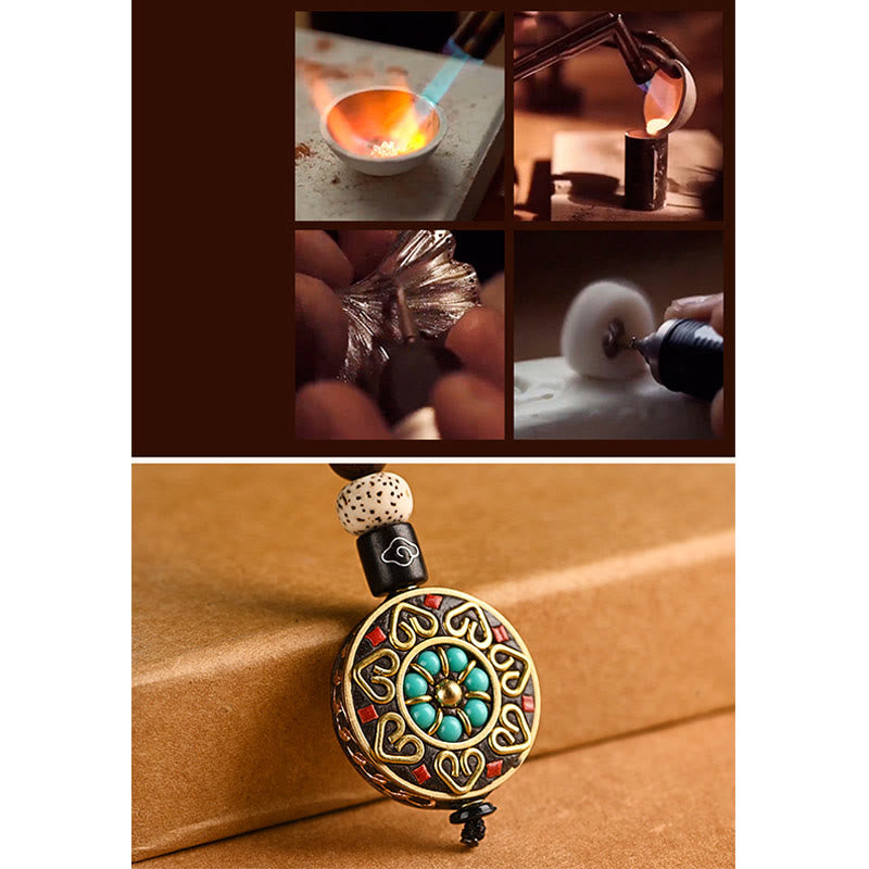 Tibetan Bodhi Seed Peace Key Chain – Turquoise floral pendant with gold filigree and seed beads, white background