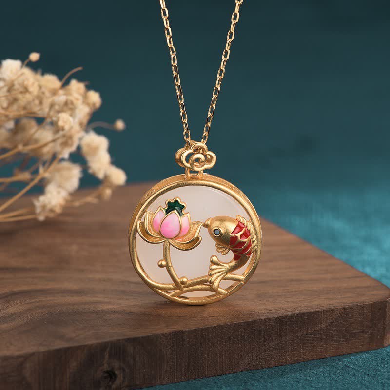 White Jade Koi Necklace – Full front view of pendant on 45cm alloy chain, koi fish lotus blessing jewelry