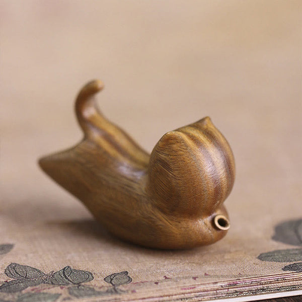 Green Sandalwood Cat Incense Burner - Curled cat on botanical paper, artisan wood craft