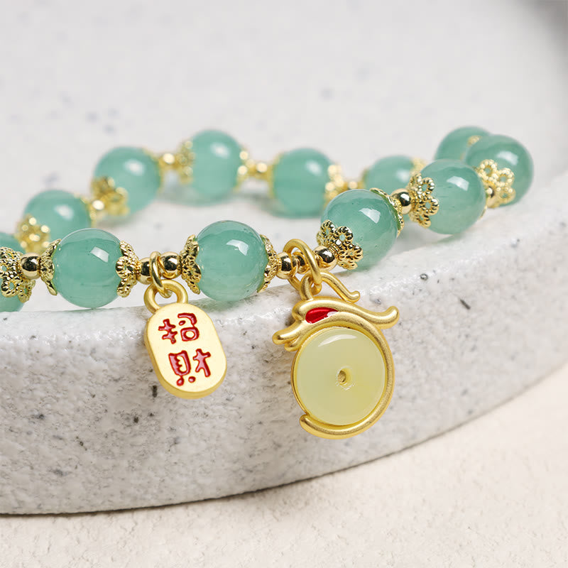 Red Agate Aventurine Dragon Bracelet – Beaded bracelet on stone prop with zhao cai and pixiu charm, Protective