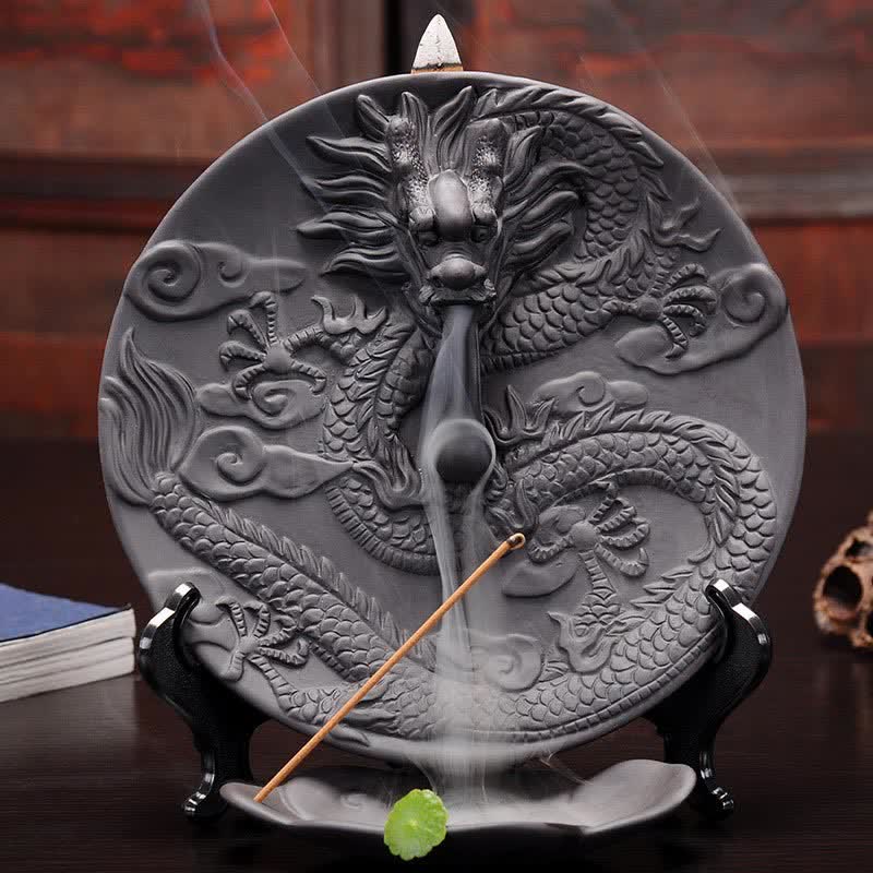 Dragon Backflow Incense Burner active smoke, dark ceramic, book props, stick incense, zen meditation space