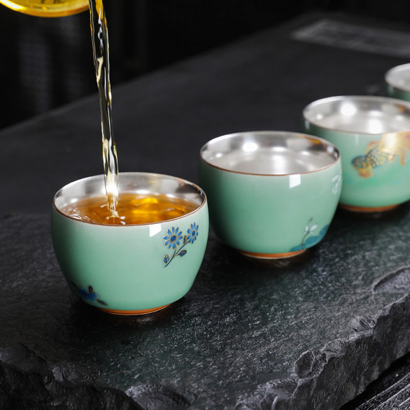 Butterfly Koi Fish Cup – on stone tea tray with lotus theme, kung fu teaware