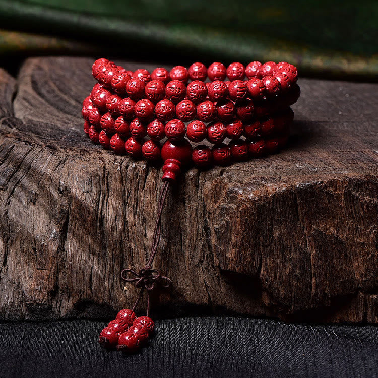 108 Mala Beads Cinnabar Bracelet – Tassel and guru bead on wood, prayer necklace