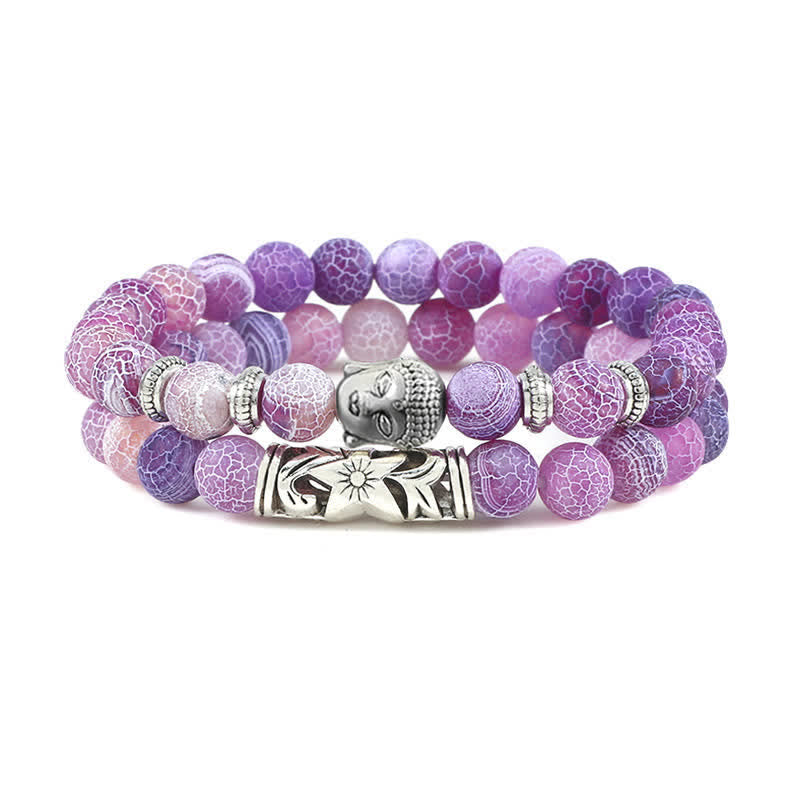 Tiger Eye Bracelet – Purple pink crackle agate beads with silver Buddha charm front view, love jewelry