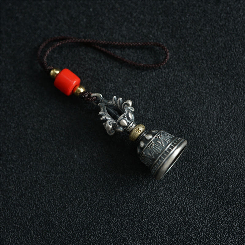 925 Silver Dorje Bell Pendant – Prayer wheel with red coral bead, braided cord, gold mantra ring