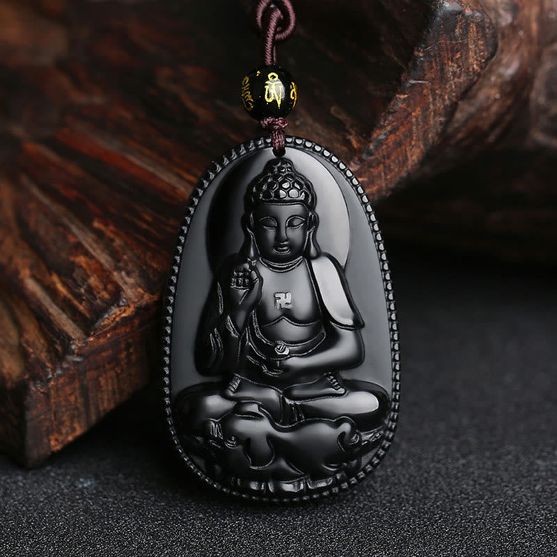 Chinese Zodiac Buddha Black Obsidian Necklace – Amitabha in meditation mudra on lotus base, black obsidian with red cord, low angle closeup, natal protector
