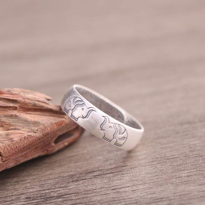 Sterling Silver Elephant Ring - dual elephant heads on weathered wood, tribal silver