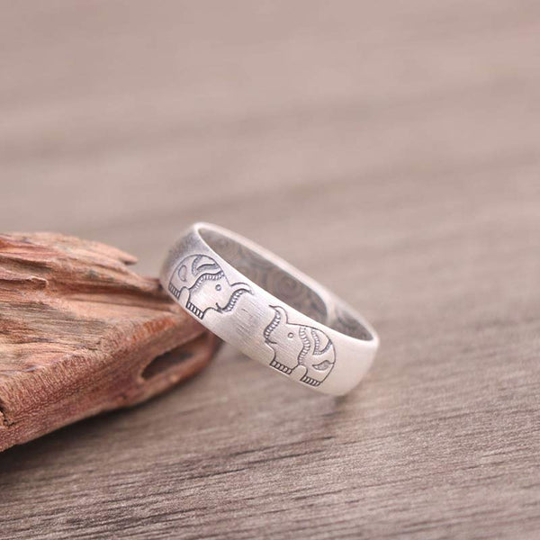 Sterling Silver Elephant Ring - dual elephant heads on weathered wood, tribal silver