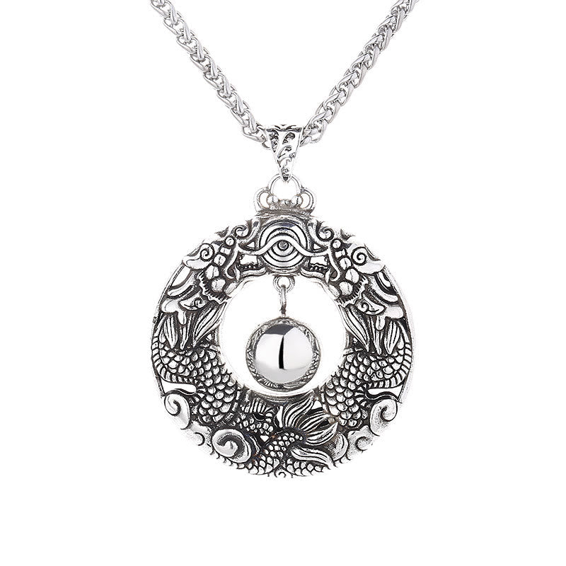 Double Dragon Bead Pendant Necklace front view, white background, intricate relief carving, protection talisman