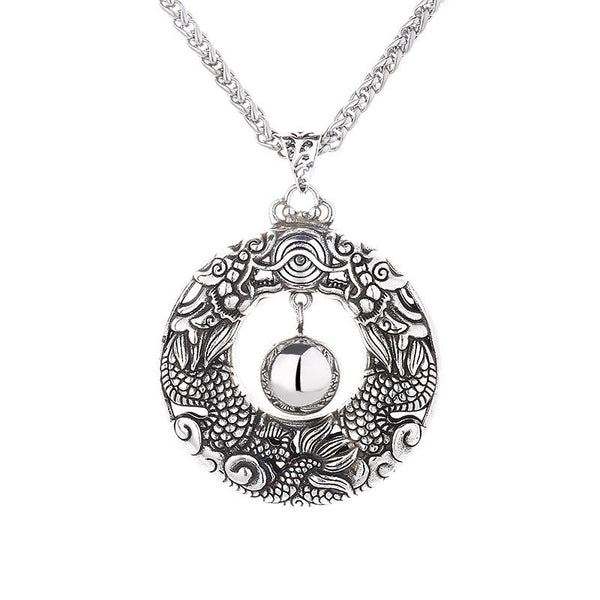 Double Dragon Bead Pendant Necklace front view, white background, intricate relief carving, protection talisman