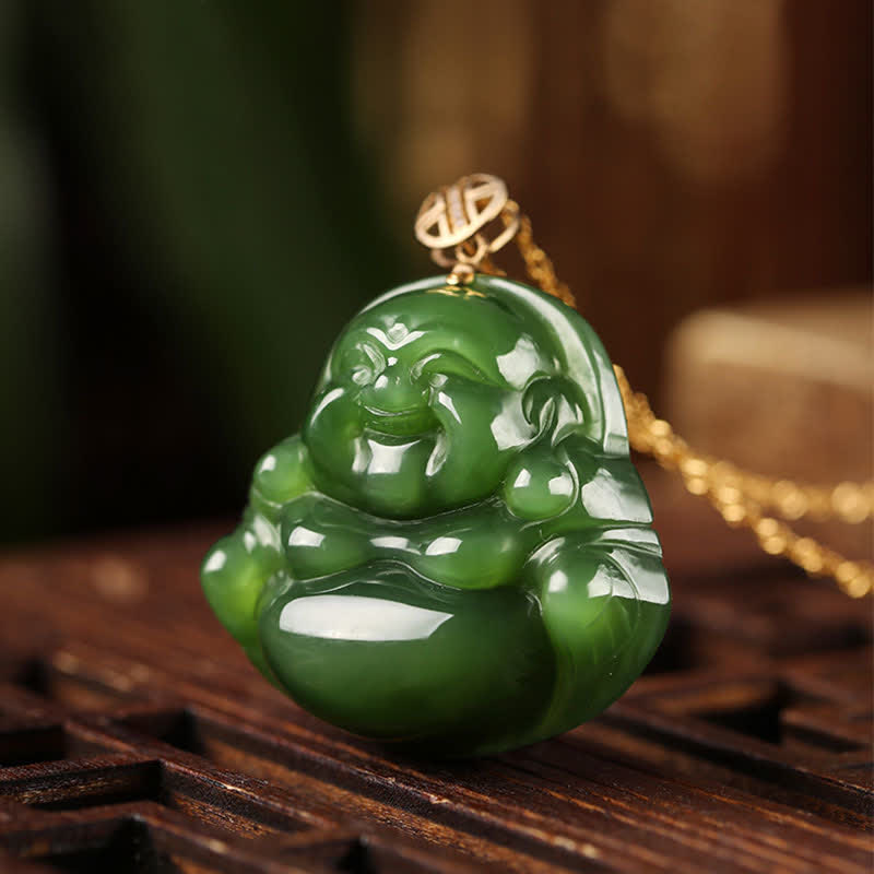 Laughing Buddha Cyan Jade Necklace – side angle buddha belly jade carving, laughing buddha pendant profile