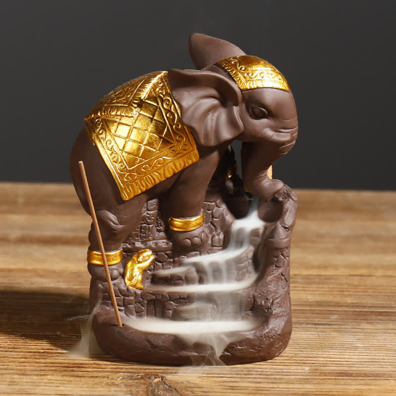 Elephant Incense Burner with Gold Frog – Side view showing ornate gold details and golden frog on rock base, meditation decor