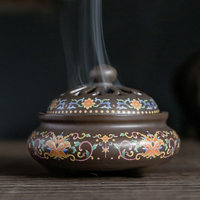 Brûleur d'encens à refoulement en céramique dragon floral