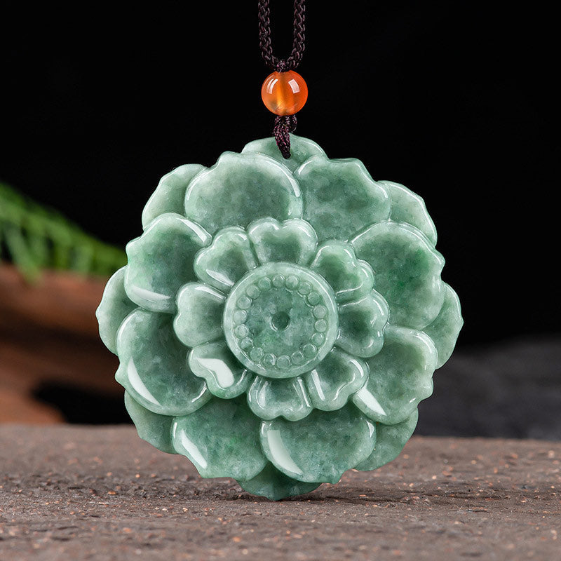 Jade Lotus Pendant Necklace – carved green jade lotus flower with carnelian bead on dark cord, Luck