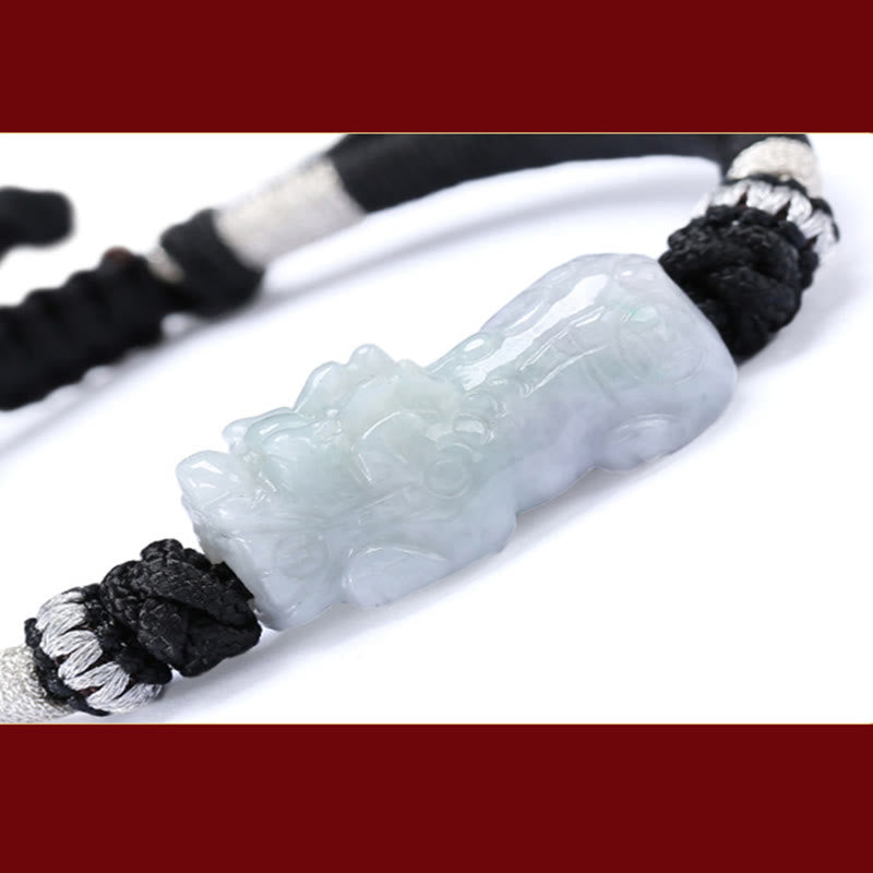 Natural Jade PiXiu Bracelet – extreme close-up white jade PiXiu carving, white background, jade prosperity