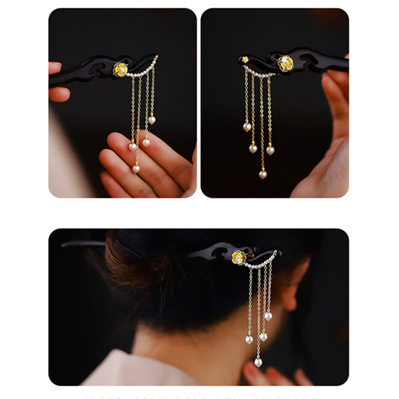 Ebony Wood Pearl Tassel Hairpin, lifestyle shot