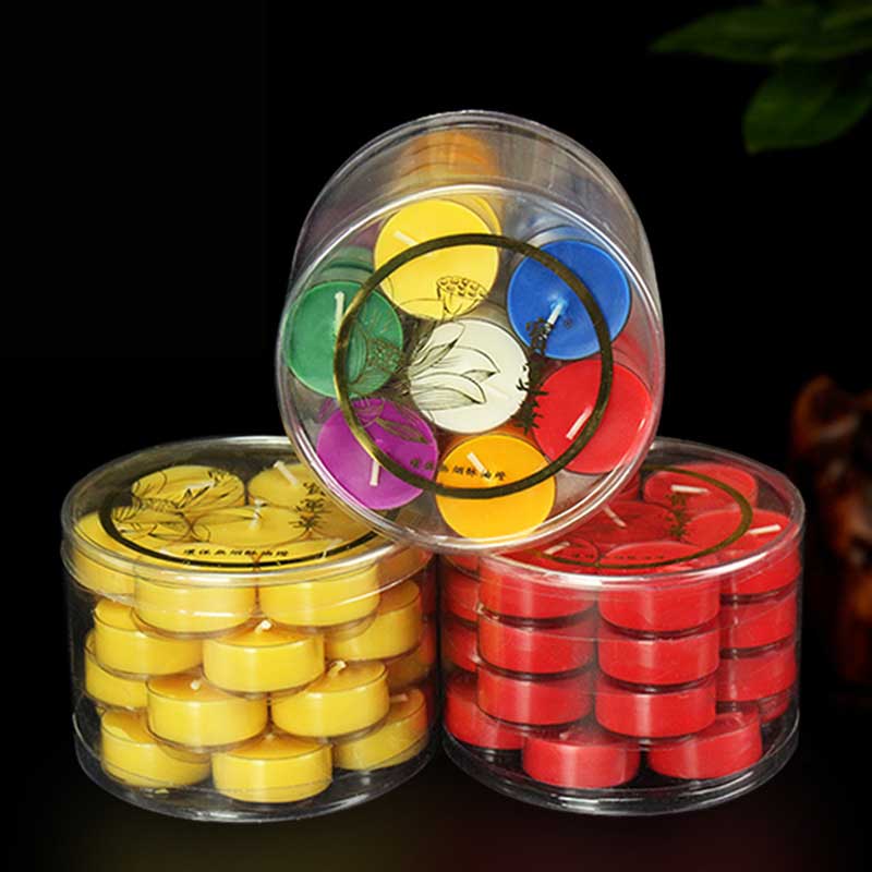 Lotus Candle Holder – Three clear containers of lotus prayer candles, yellow red rainbow