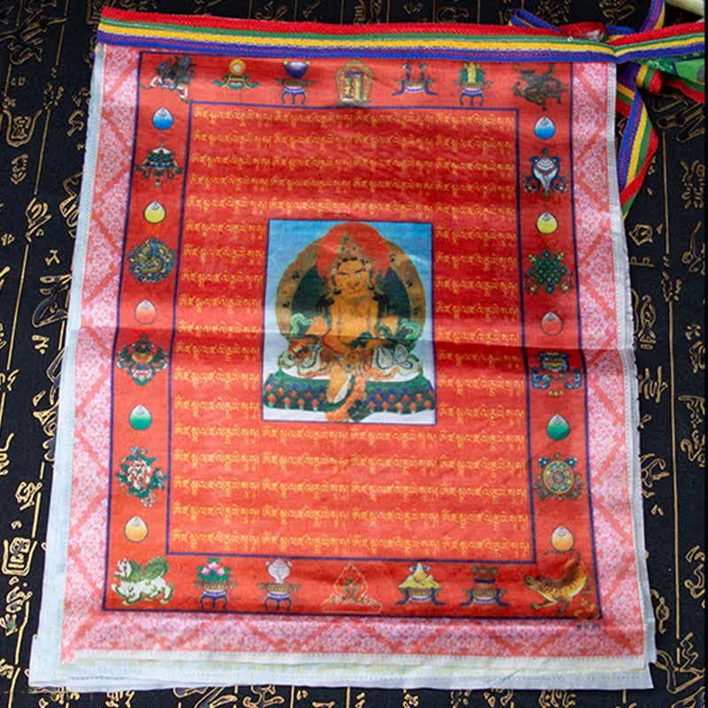 Tibetan Prayer Flag 5 Colors Windhorse Outdoor – Detailed Om Mani Padme Hum script on each flag, mantra meditation tool