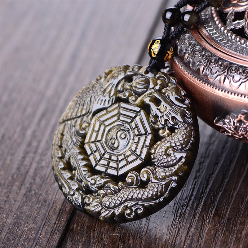 Golden Obsidian Pendant Necklace – Twin Dragon Bagua yin yang carving, healing crystal amulet
