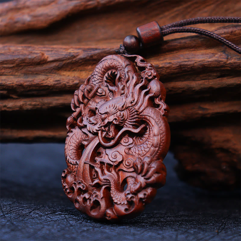 Lightning Jujube Wood Dragon Pendant - Dragon coiled through clouds on stacked driftwood, Authentic
