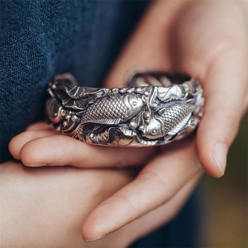 Koi Lotus Luck Bracelet – Full view of open bangle with koi fish and lotus charm, copper plated silver bracelet