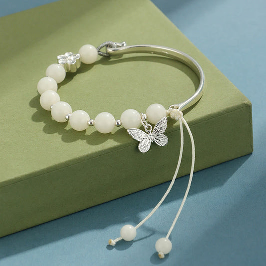 Bodhi Seed Butterfly Lotus Bracelet – Full bracelet front view, bodhi seed beaded bangle