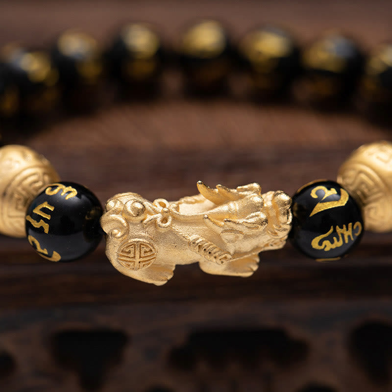 Obsidian Protection Set – gold Pixiu closeup black mantra beads, carved detail, prosperity charm