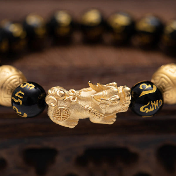 Obsidian Protection Set – gold Pixiu closeup black mantra beads, carved detail, prosperity charm