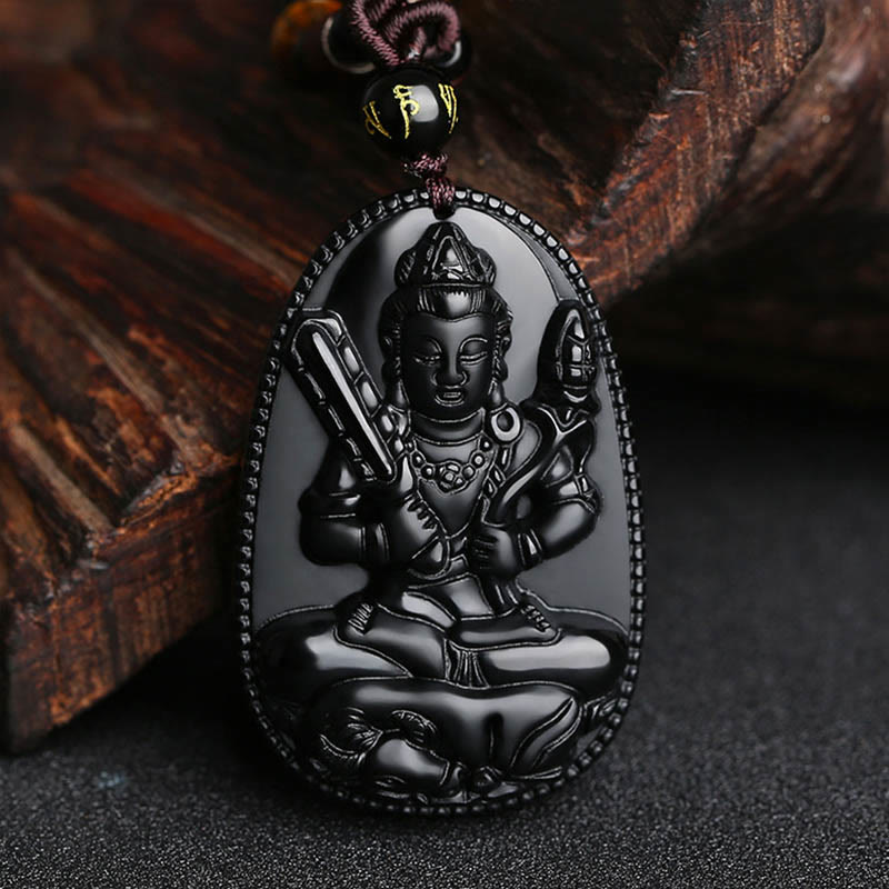 Chinese Zodiac Buddha Black Obsidian Necklace – Akshobhya Wisdom King with sword on buffalo mount, obsidian amulet with gold character bead, dark wood backdrop