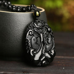 Black Obsidian Koi Fish Bead Rope Necklace – beaded section detail showing obsidian bead arrangement, strength