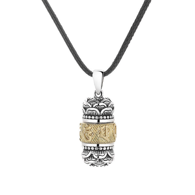 Om Mani Padme Hum Necklace – Frontal view of prayer wheel pendant on black cord, white background, Buddhist amulet