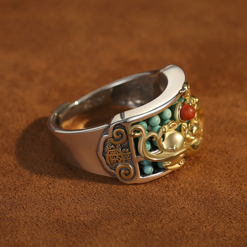 Silver PiXiu Ring – Inside band showing 925 stamp, gold PiXiu and turquoise inlay detail, quality silver