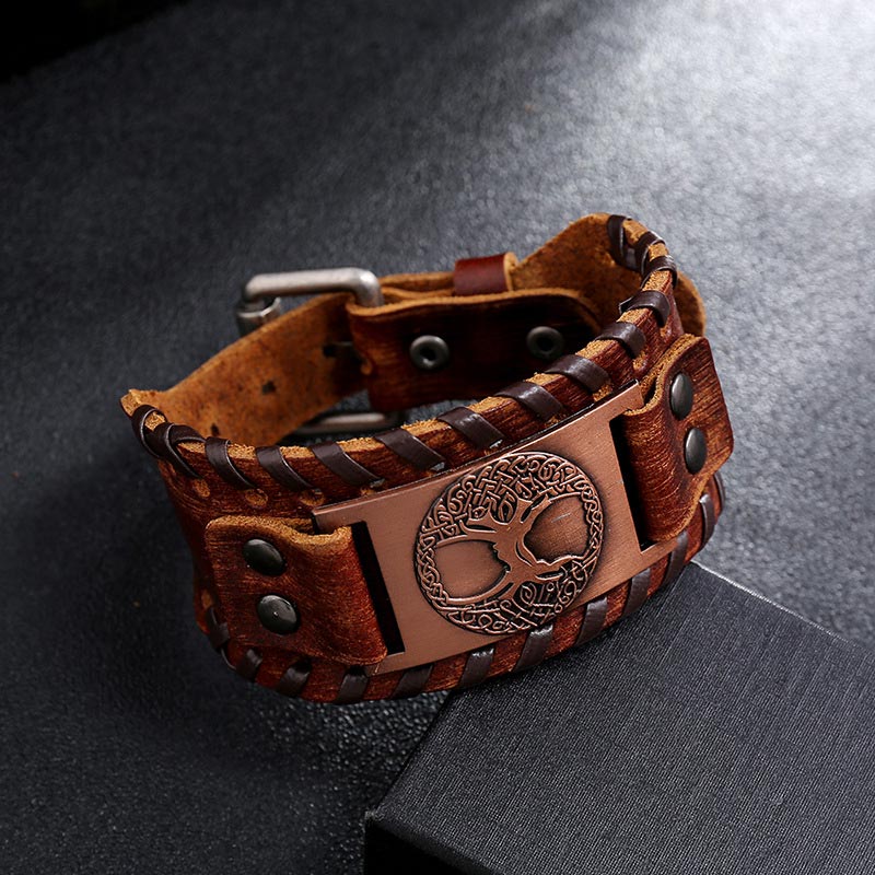 Tree of Life Copper Leather Bracelet – distressed brown leather with copper Celtic knotwork plaque, dark surface studio shot