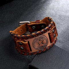 Tree of Life Copper Leather Bracelet – distressed brown leather with copper Celtic knotwork plaque, dark surface studio shot