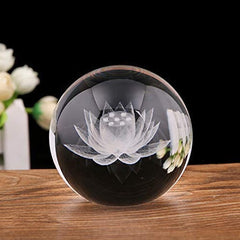 Crystal Dragon Lotus Blessing - 3D laser etched lotus inside clear glass sphere on wood surface, Clarity