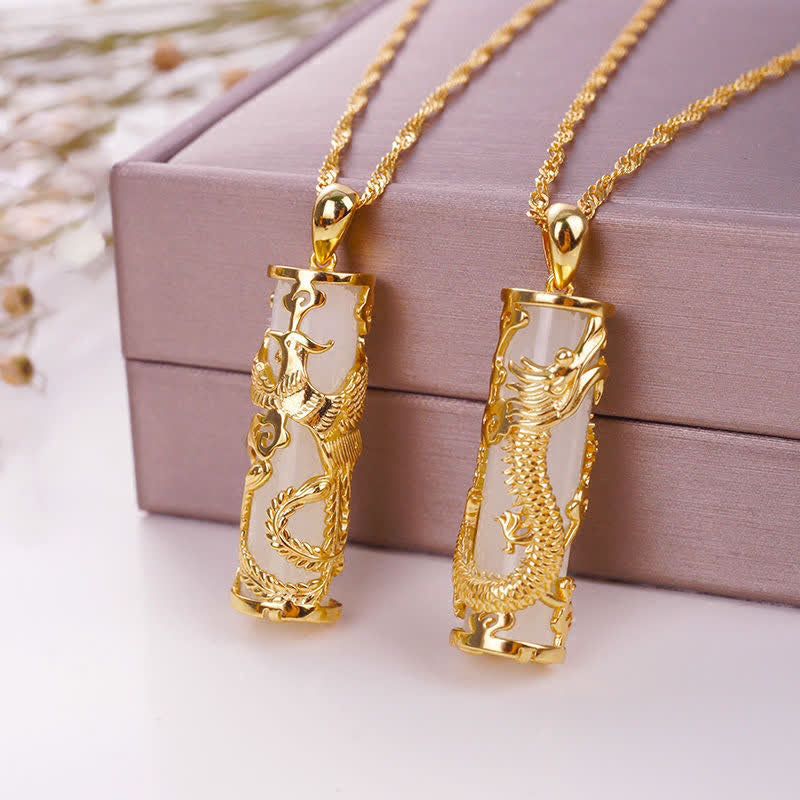 Jade Dragon Phoenix Copper Pendant – Dragon and phoenix pair on white jade cylinders, rope chains, romantic