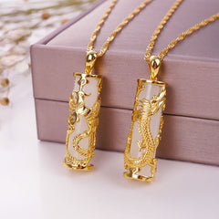 Jade Dragon Phoenix Copper Pendant – Dragon and phoenix pair on white jade cylinders, rope chains, romantic