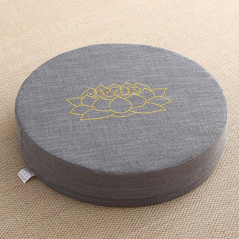 Gray Lotus Meditation Cushion - Gold embroidered lotus on linen zafu, product detail shot