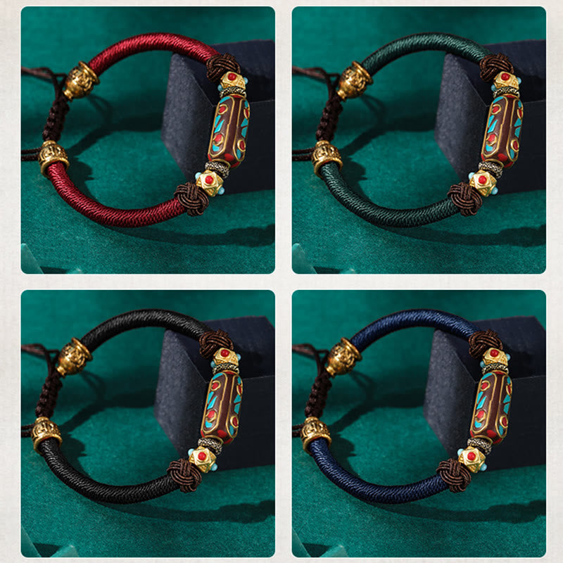 Tibetan Turquoise Om Mani Padme Hum Braided Bracelet – Four cord color options: red, green, black, and navy variants