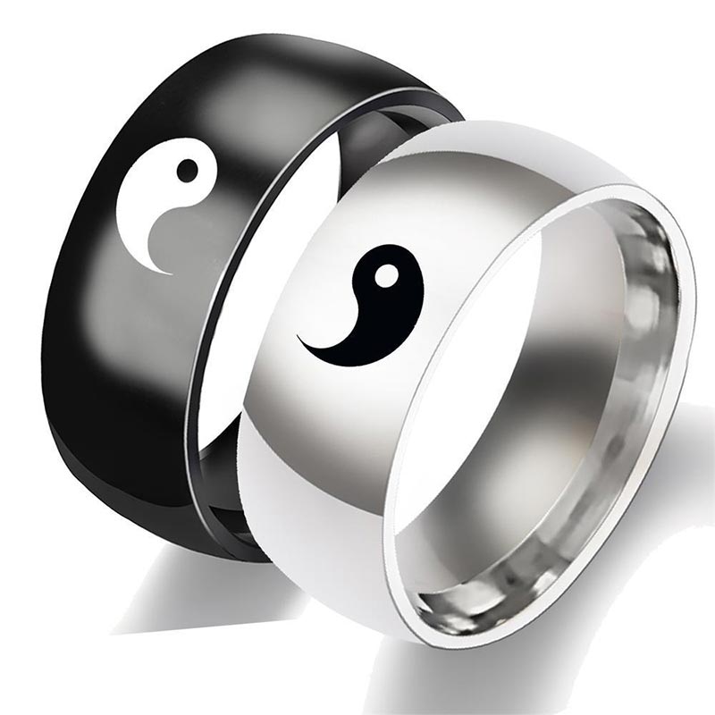 Yin Yang Titanium Steel Couple Ring - Silver and black interlocking yin-yang band pair on white background, couples matchi...