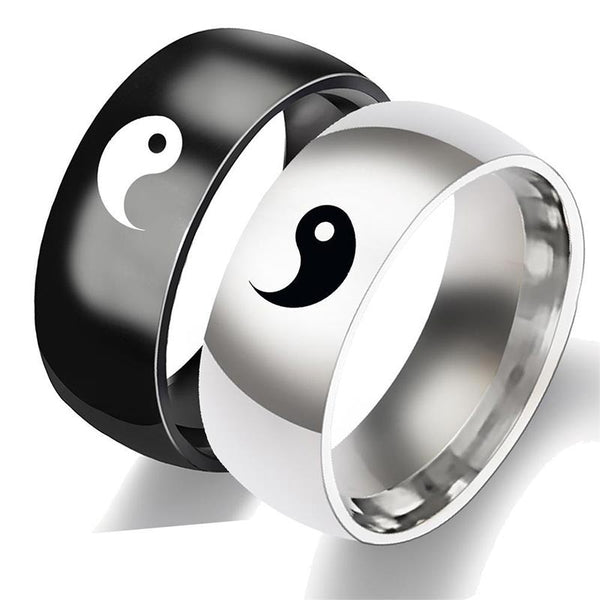 Yin Yang Titanium Steel Couple Ring - Silver and black interlocking yin-yang band pair on white background, couples matchi...
